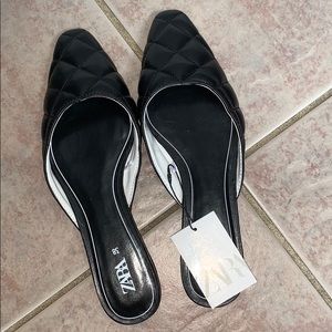 BRAND NEW ZARA BLACK QUILTED FLAT MULES